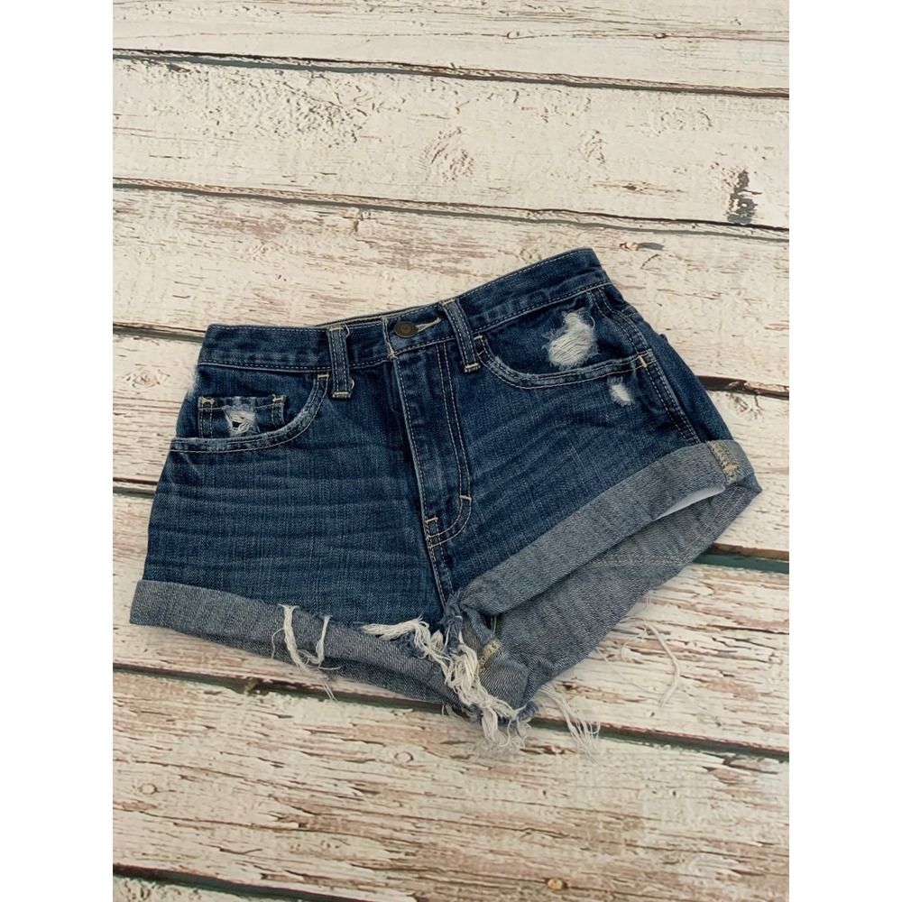 Hollister California Dark Wash Distressed Denim Shorts Cuff Raw Hem Size 00 W23